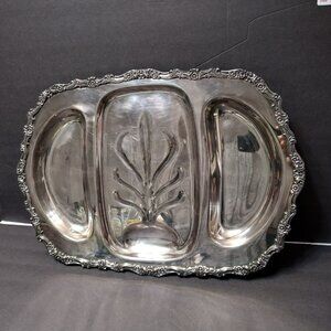 Large Ornate Silver-Plated Meat Serving Platter 21" With Gravy Tree Design